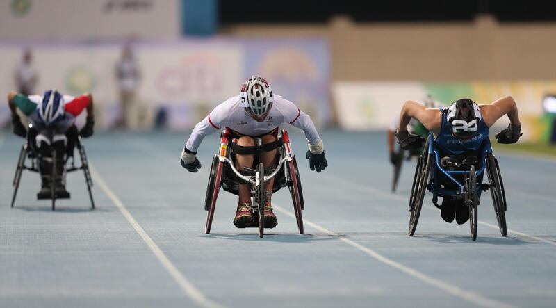 Finland's Toni Piispanen competes in the Men's 100m T51 final at the World Para Athletics Championships in Dubai. EPA