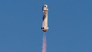 A Blue Origin New Shepard rocket lifts off with a crew of six in December, 2021.  Reuters