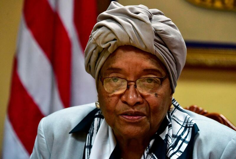 (FILES) In this file photo taken on October 12, 2017 in Monrovia shows Liberia's President Ellen Johnson Sirleaf.
Liberia's ex-president, Ellen Johnson Sirleaf has won the Mo Ibrahim prize for African Leadership on February 12, 2018. / AFP PHOTO / ISSOUF SANOGO