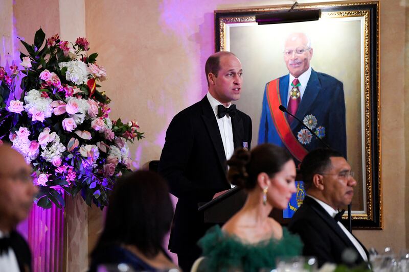 Britain's Prince William delivers a speech during a dinner hosted by the Governor General of Jamaica Patrick Allen and his wife Patricia on the fifth day of her tour of the Caribbean, Kingston, Jamaica, March 23, 2022.   REUTERS / Toby Melville / Pool