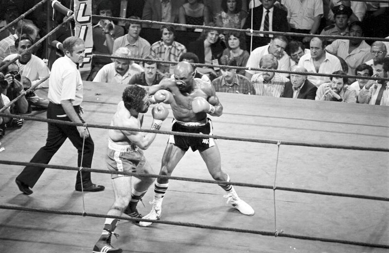 BOSTON - JUNE 13,1981: Marvin Hagler (R) connects with a right hook to Vito Antuofermo during the fight at the Boston Garden on June 13, 1981 in Boston, Massachusetts. Marvin Hagler wins the WBC middleweight title and the WBA World middleweight title. Antuofermo was knocked down in the 3rd round. Antuofermo's corner stopped the bout. (Photo by: The Ring Magazine via Getty Images)