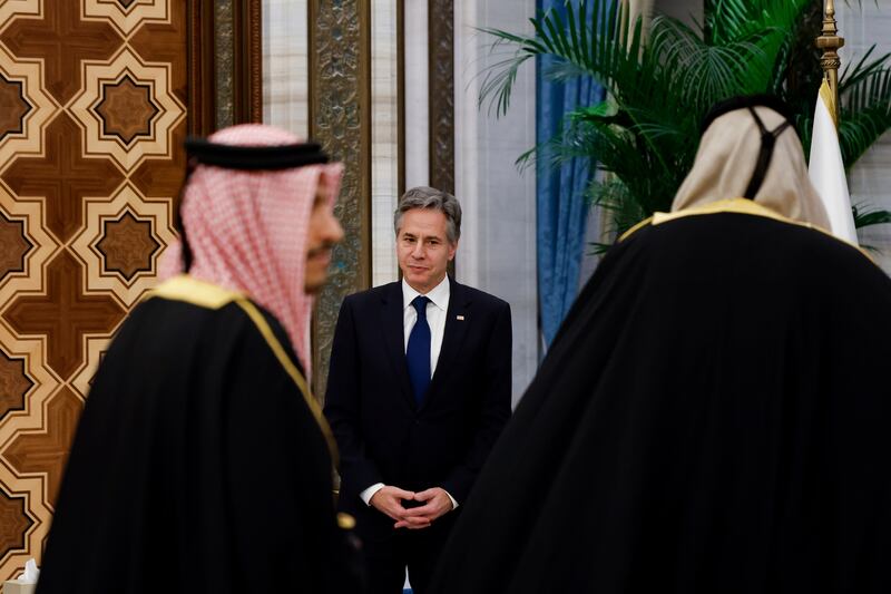US Secretary of State Antony Blinken looks on before his meeting with Qatar's Emir Sheikh Tamim in Doha. AP