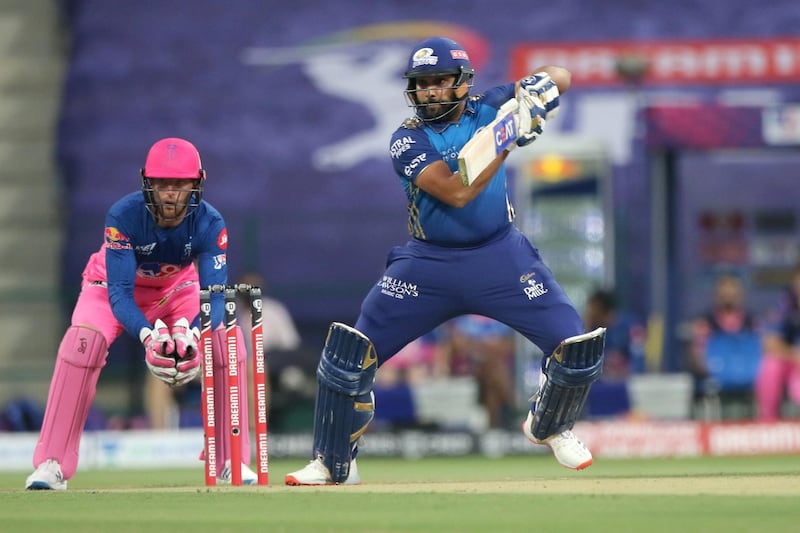 Rohit Sharma captain of Mumbai Indians plays a shot during match 20 of season 13 of the Dream 11 Indian Premier League (IPL) between the Mumbai Indians and the Rajasthan Royals at the Sheikh Zayed Stadium, Abu Dhabi  in the United Arab Emirates on the 6th October 2020.  Photo by: Pankaj Nangia  / Sportzpics for BCCI
