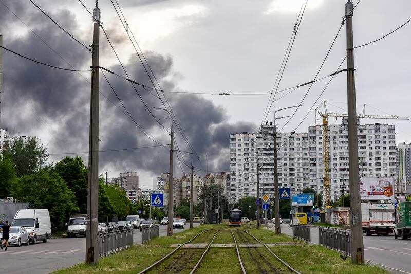 Smoke rises from a residential area in Kyiv. Mayor Vitali Klitschko said several explosions occurred following missile strikes in the Darnytskyi and Dniprovskyi districts of the capital with no casualties reported. EPA