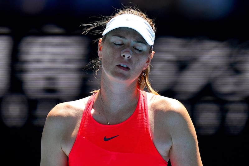 epa08146041 Maria Sharapova of Russia reacts while playing against Donna Vekic of Croatia on day two of the Australian Open tennis tournament during a first round match on day two of the Australian Open tennis tournament at Melbourne Park in Melbourne, Australia, 21 January 2020.  EPA/SCOTT BARBOUR AUSTRALIA AND NEW ZEALAND OUT  EDITORIAL USE ONLY