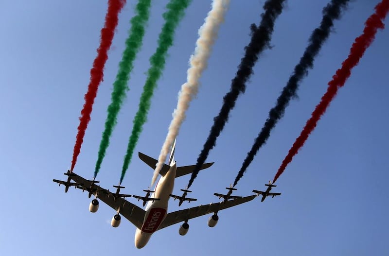 An Emirates A380 soars during the Dubai Air Show in 2013. That year Concourse A, the world’s first purpose built A380 concourse, opened its doors at Dubai International Airport. The giant building with 20 A380 gates was over 800 metres long. Emirates rewrote aviation history with an order for 200 aircraft – 150 Boeing 777Xs and 50 A380s, costing $99 billion. AFP
