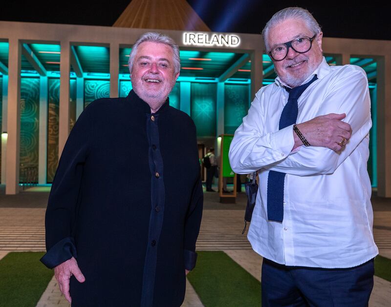 Bill Whelan, composer and John McColgan, co-founder, from Riverdance at the Ireland pavilion ahead of the premiere of the show. Victor Besa/The National.