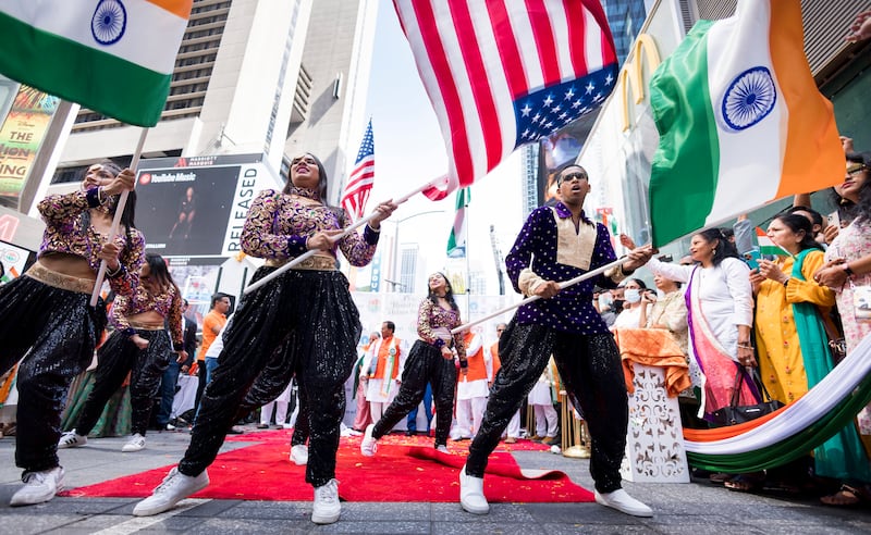 Dancers perform during a ceremony celebrating India's 75th Independence Day at Times Square in New York. EPA