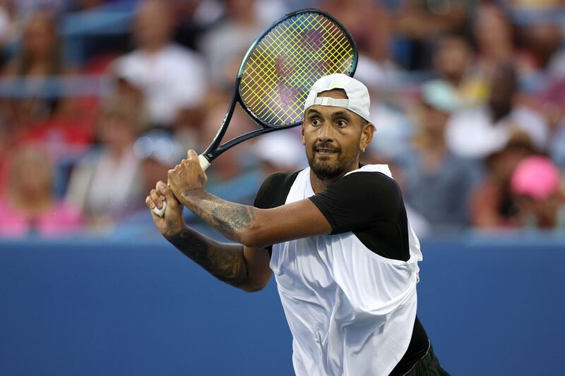 Nick Kyrgios plays a shot to Marcos Giron during Washington Open first round. Getty