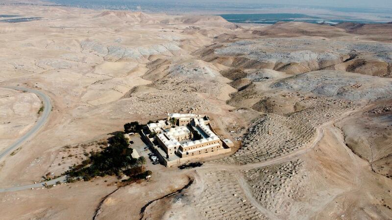 An aerial view shows the Nabi Musa complex, where the tomb of Prophet Moses is believed to be located, in the Judean Desert near the West Bank town of Jericho. AFP