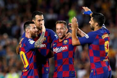 FILE PHOTO: Soccer Football - La Liga Santander - FC Barcelona v Villarreal - Camp Nou, Barcelona, Spain - September 24, 2019 Barcelona's Arthur celebrates scoring their second goal with Lionel Messi and Luis Suarez REUTERS/Albert Gea/File Photo