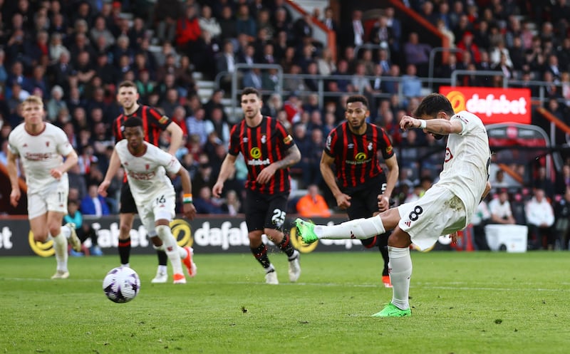Manchester United's Bruno Fernandes scores their second goal from the penalty spot. Action Images 