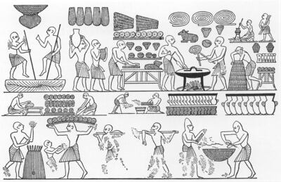 A depiction of the court bakery of Ancient Egyptian pharaoh Ramesses III shows bread in many shapes. Photo: Wikimedia Commons