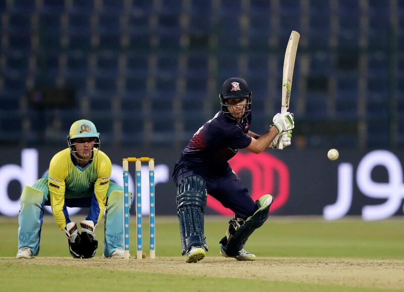 Abu Dhabi, United Arab Emirates - October 04, 2018: Aces' Graeme Beghin bats in the game between Auckland Aces and the Boost Defenders in the Abu Dhabi T20 competition. Thursday, October 4th, 2018 at Zayed Cricket Stadium, Abu Dhabi. Chris Whiteoak / The National