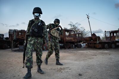 Mozambican soldiers on patrol after an attack by extremists in Mocimboa da Praia. AFP