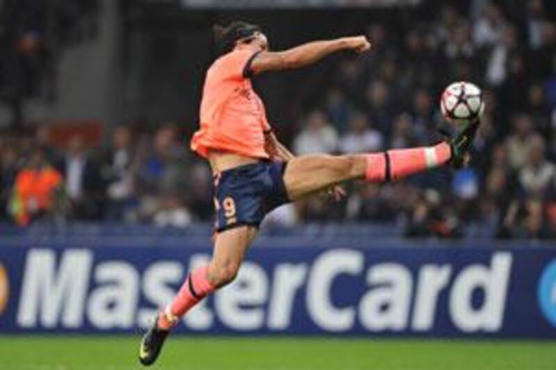 Barcelona's Swedish forward Zlatan Ibrahimovic controls the ball during the match against his former side Inter Milan.