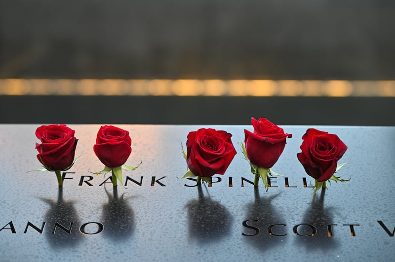 Flowers placed at the name of Frank Spinelli at the 9/11 memorial during a ceremony at Ground Zero held in commemoration of the 20th anniversary of the terrorist attacks on the World Trade Center, the Pentagon and the crash of United Airlines Flight 93 in Shanksville, PA, held in lower Manhattan, New York City, NY, USA.  EPA