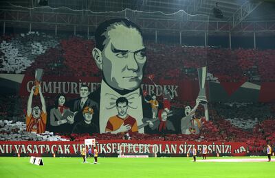 Mustafa Kemal Ataturk, founder of modern Turkish Republic, is seen in the choreography organised for the 100th anniversary of the Republic by Galatasaray supporters in Istanbul on Saturday. EPA