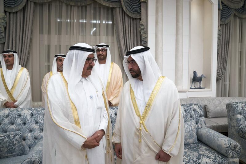 ABU DHABI, UNITED ARAB EMIRATES - August 21, 2018: HH Sheikh Hamdan bin Rashid Al Maktoum, Deputy Ruler of Dubai and UAE Minister of Finance (L) and HH Sheikh Hamdan bin Zayed Al Nahyan, Ruler’s Representative in Al Dhafra Region (R) attend an Eid Al Adha reception at Mushrif Palace.

( Mohamed Al Hammadi / Crown Prince Court - Abu Dhabi )
---