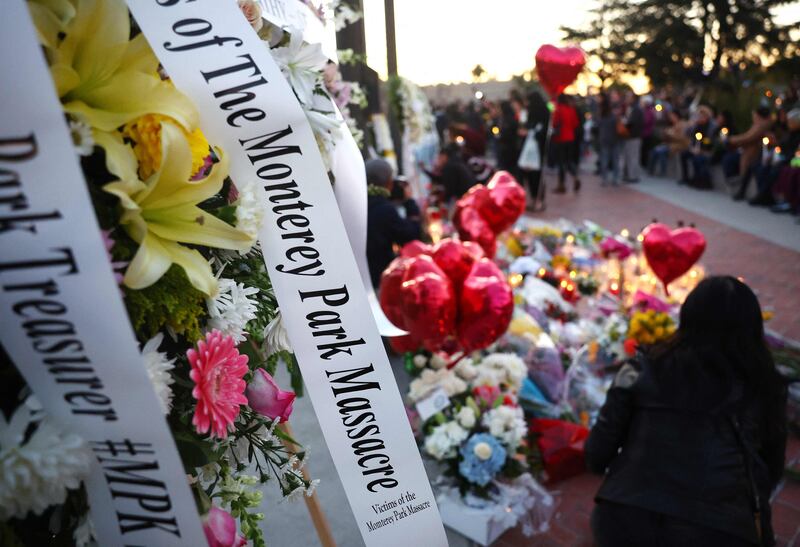 A memorial to the victims of the mass shooting at a ballroom dance studio in Monterey Park, California. AFP