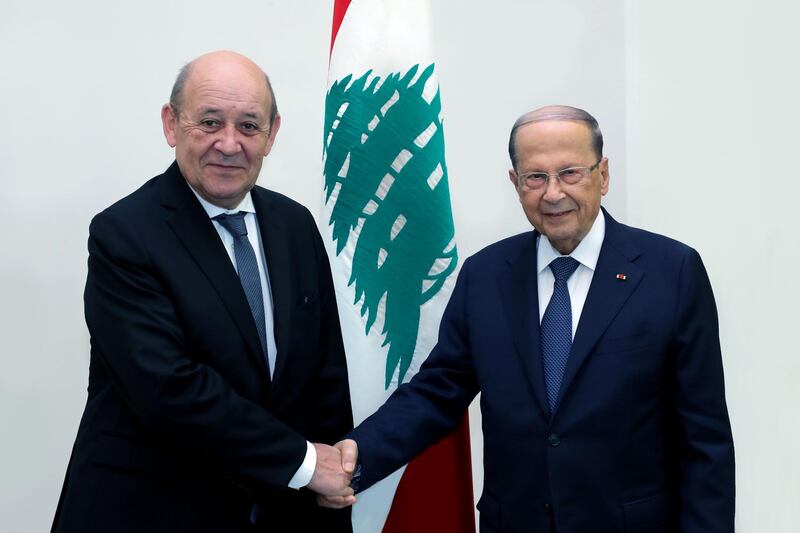 Lebanese President Michel Aoun receives French Foreign Minister Jean-Yves Le Drian at the presidential palace in Baabda, east of the capital Beirut, on July 23, 2020. AFP