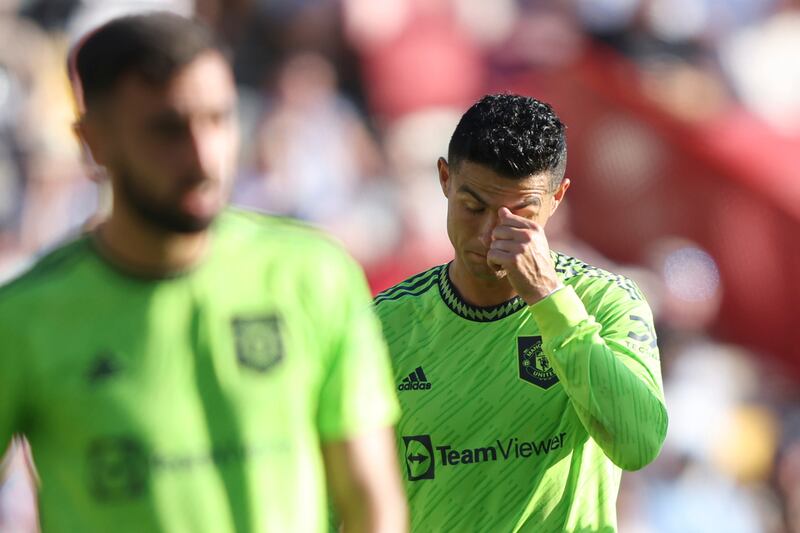 Cristiano Ronaldo reacts as Brentford score again. AP