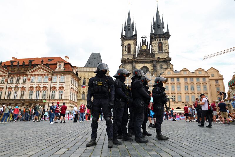 A heavy police presence in the Old Town of Prague before Fiorentina take on West Ham United. Reuters