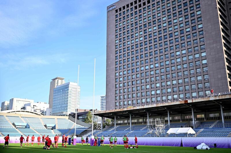 Wales players training at Prince Chichibu Memorial Rugby Ground in Tokyo on Wednesday, October 30, ahead of their Rugby World Cup bronze final against New Zealand. AFP
