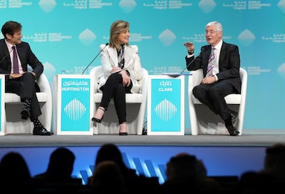 Dubai, United Arab Emirates - February 10, 2019: L-R Dr Oz, The Dr Oz show, Arianna Huffington, Founder, Thrive Global and David Clark
Chair of Experimental Psychology, speak about mental health during day 1 at the World Government Summit. Sunday the 10th of February 2019 at Madinat, Dubai. Chris Whiteoak / The National