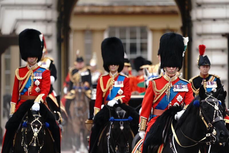 From left, Prince William, Prince Edward, the Duke of Edinburgh, King Charles and Princess Royal Anne depart Buckingham Palace for the Trooping the Colour ceremony at Horse Guards Parade, central London. PA