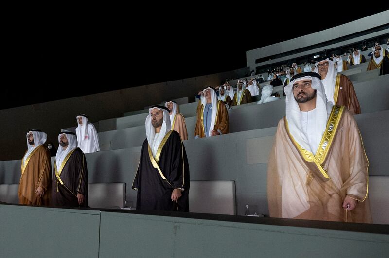 Pictured, right to left, Sheikh Hamdan bin Mohammed, Crown Prince of Dubai, Sheikh Mohamed bin Saud Al Qasimi, Crown Prince of Ras Al Khaimah, Sheikh Mohammed bin Hamad Al Sharqi, Crown Prince of Fujairah, and Sheikh Rashid bin Saud Al Mualla, Crown Prince of Umm Al Quwain, stand for the UAE National Anthem.