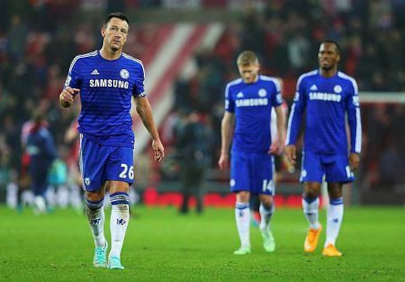 Chelsea players John Terry, left, Andre Schuerrle and Didier Drogba look on after their Premier League match against Sunderland at Stadium of Light on November 29, 2014 in Sunderland, England. (Photo by Alex Livesey/Getty Images)