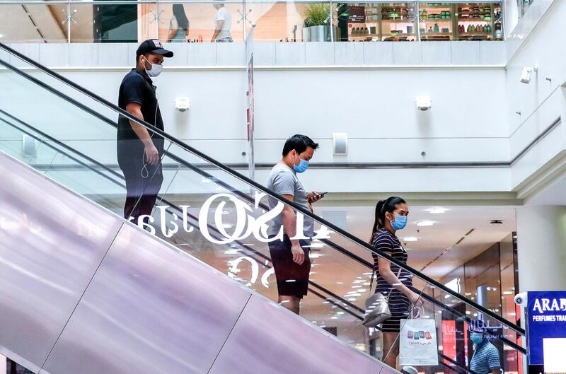 Abu Dhabi, United Arab Emirates, August 2, 2020.   
Eid shoppers maintain social distancing at Al Wahda Mall on the last day of Eid Al Adha. 
Victor Besa /The National
Section: NA
For:  Standalone/Stock Images