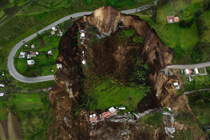 An aerial view of the zone affected by a landslide in Alausi, Ecuador, in which at least seven people were killed. AFP