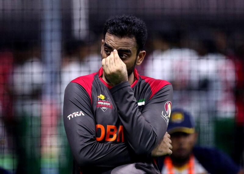 Dubai, United Arab Emirates - September 19th, 2017: Vikrant Shetty of the UAE during the game between the UAE v Sri Lanka in the W.I.C.F Indoor cricket world cup 2017. Tuesday, Sept 19th, 2017, Insportz, Al Quoz, Dubai. Chris Whiteoak / The National