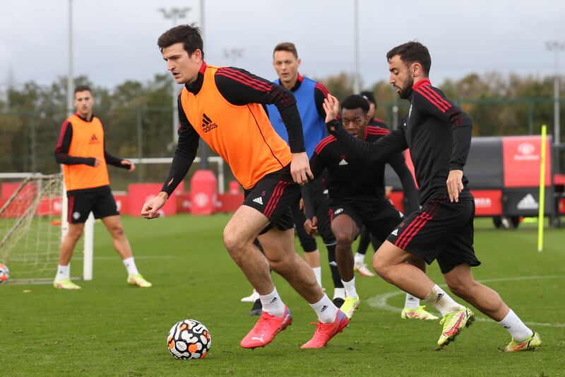 Harry Maguire of Manchester United in action during a first team training session at Carrington Training Ground in Manchester, England.