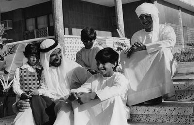 Sheikh Zayed bin Sultan Al Nahyan with his sons, Sheikh Tahnoun bin Zayed Al Nahyan, Sheikh Hamdan bin Zayed Al Nahyan, Sheikh Mohamed bin Zayed Al Nahyan and Sheikh Hazza' bin Zayed Al Nahyan – November, 1974.