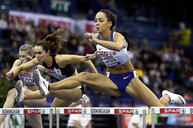 BIRMINGHAM, ENGLAND - FEBRUARY 09: Katarina Johnson-Thompson of Great Britain in action in her 60m hurdles heat at Arena Birmingham on February 09, 2019 in Birmingham, England. (Photo by Bryn Lennon/Getty Images)