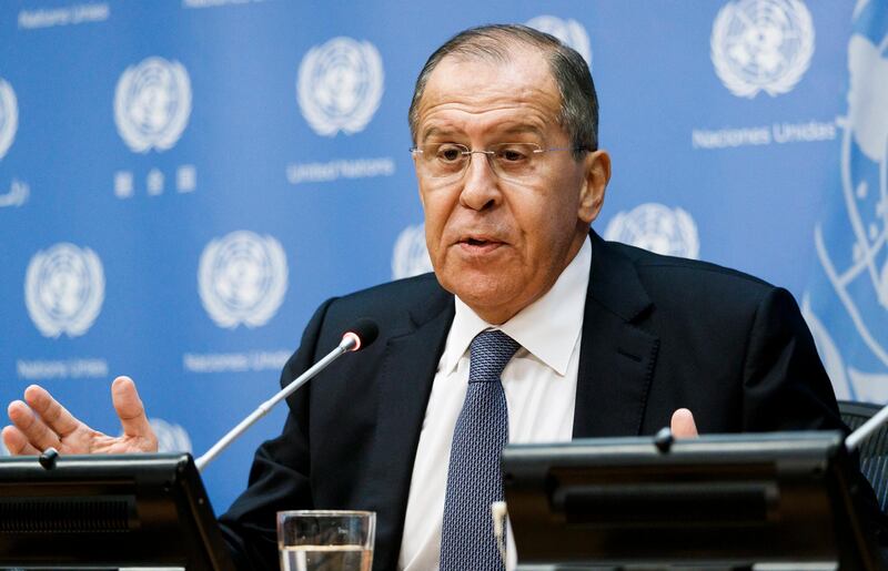 epa07055325 Russia's Foreign Minister Sergey Lavrov talks with reporters during a press conference on the sidelines of the General Debate of the 73rd session of the General Assembly of the United Nations at United Nations Headquarters in New York, New York, USA, 28 September 2018. The General Debate of the 73rd session began on 25 September 2018 and runs until 01 October 2018.  EPA/JUSTIN LANE