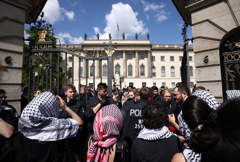 Police secure the entrance of Humboldt University in Berlin during a pro-Palestinian demonstration. Reuters