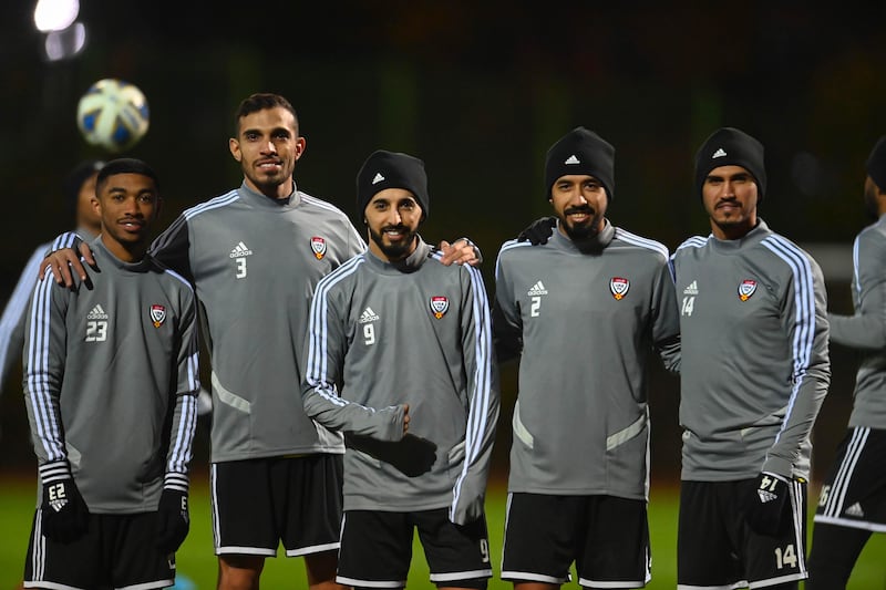 From left, Mohammed Juma Eid, Walid Abbas, Bandar Al Ahbabi, Mohammed Barghash and Khalil Ibrahim train in South Korea. UAE FA