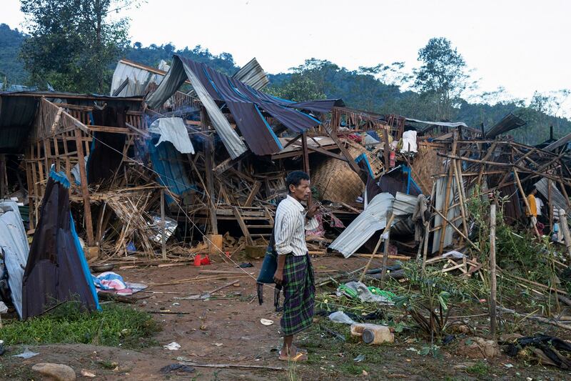 The aftermath of the strike on Mung Lai Hkyet displacement camp, in Laiza, north-eastern Myanmar, in which 29 people were killed. AP