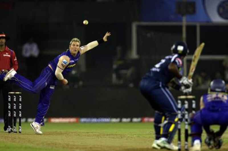 The Rajasthan Royals' captain, Shane Warne, flights a delivery during last night's match against Deccan Chargers.