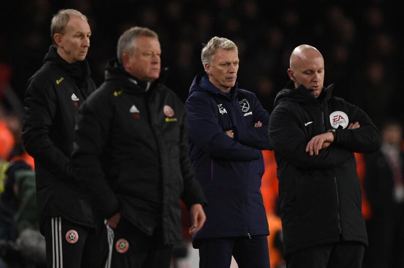 West Ham United's Scottish manager David Moyes (2R) reacts after a late West Ham equaliser was ruled out by VAR. AFP