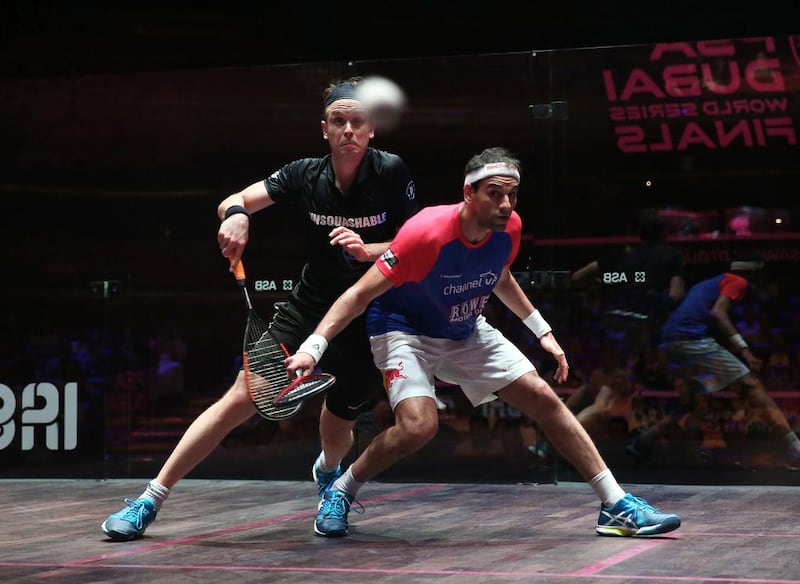Egypt’s Mohamed Elshorbagy, right, claimed his first PSA World Series Finals trophy in Dubai. Photo Courtesy: Promoseven