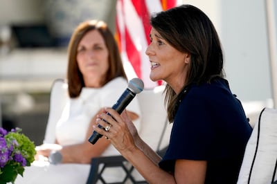 Former U.N. Ambassador Nikki Haley, right, campaigns on behalf of U.S Sen. Martha McSally, R-Ariz., Monday, Oct. 12, 2020, in Scottsdale, Ariz. (AP Photo/Matt York)