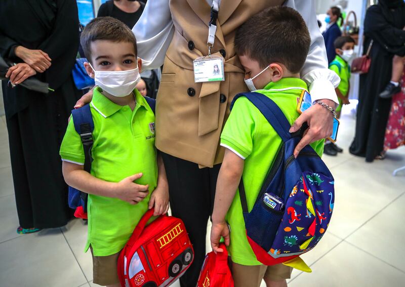 Pupils from Al Mamoura Academy in Abu Dhabi on their first day of classes after the summer break. Victor Besa / The National