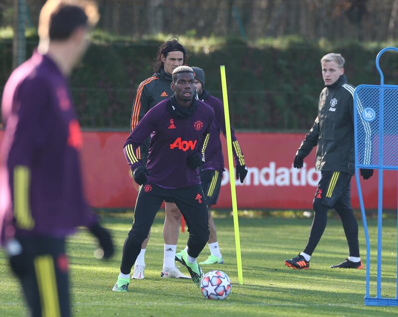 MANCHESTER, ENGLAND - NOVEMBER 23: Paul Pogba of Manchester United in action during a first team training session ahead of the UEFA Champions League Group H stage match between Manchester United and Ä°stanbul Basaksehir at Aon Training Complex on November 23, 2020 in Manchester, England. (Photo by Matthew Peters/Manchester United via Getty Images)