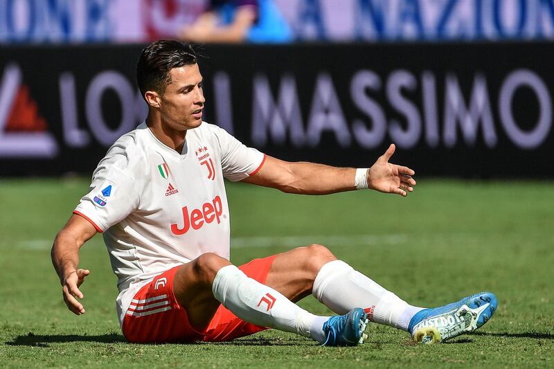 Juventus' Portuguese forward Cristiano Ronaldo reacts after being tackled. AFP