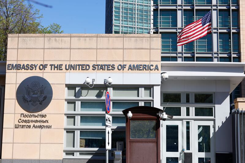 The US embassy in Moscow.  Friday was the last day of work for all locally employed staff. AP